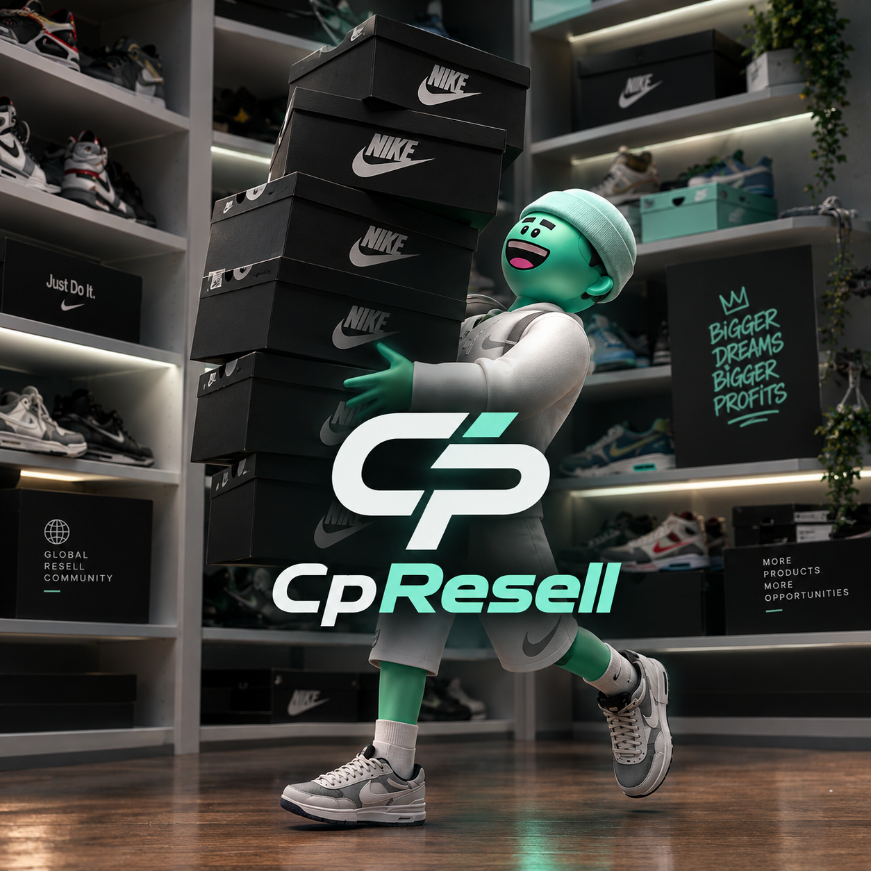 Mascote CpResell com caixas de sneakers numa loja de reselling
